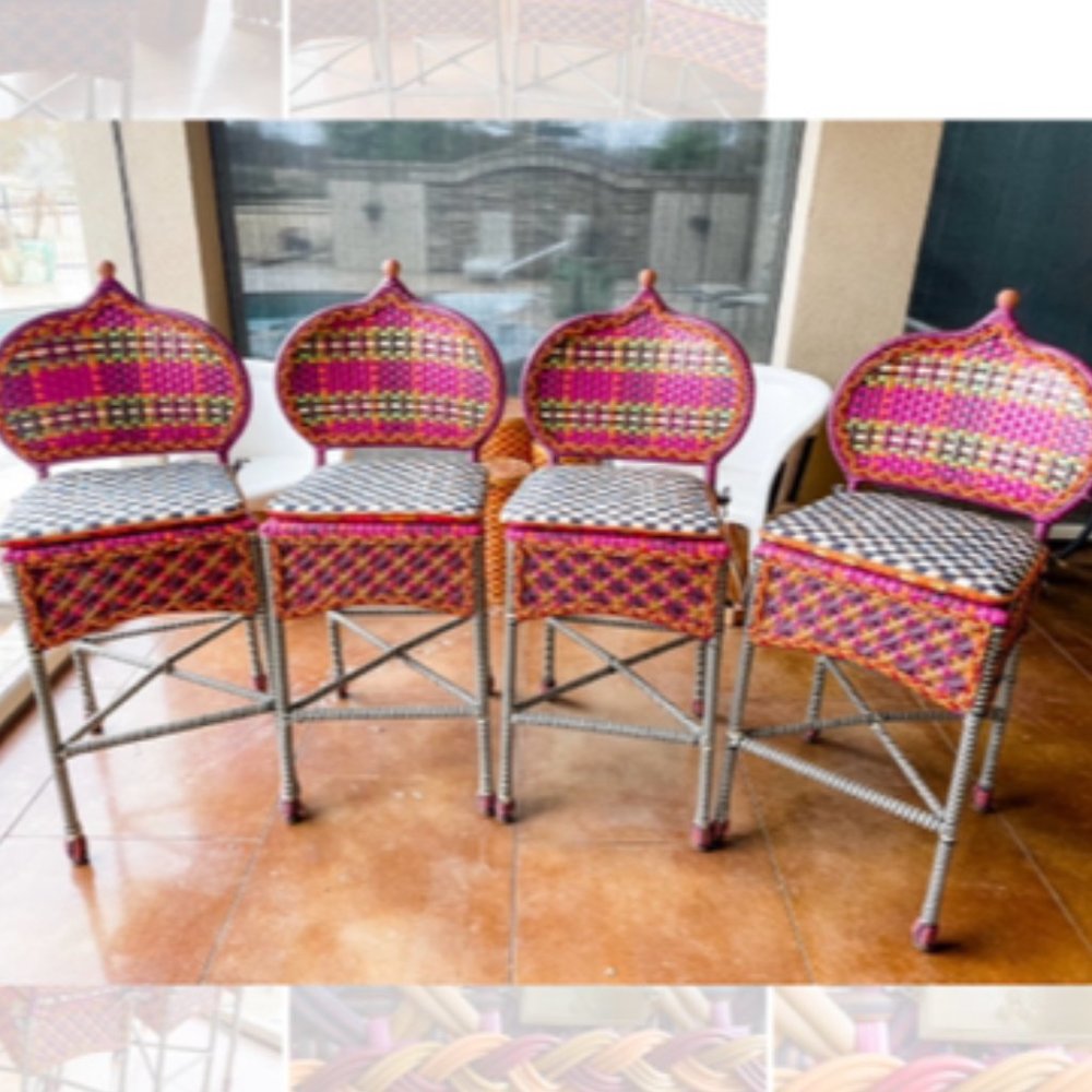 Mackenzie-Childs Sunset rattan barstools, Set of 4